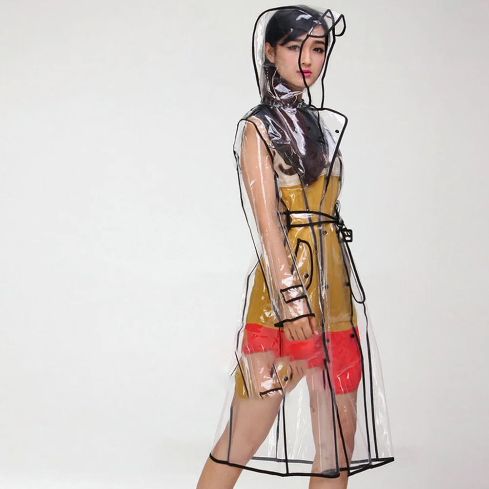 

Fashion Transparent Eva Raincoat Women Hooded Mid-Long Lightweight Rainwear Black Slicker Belt Size Xl Outdoor Waterproof Jacket