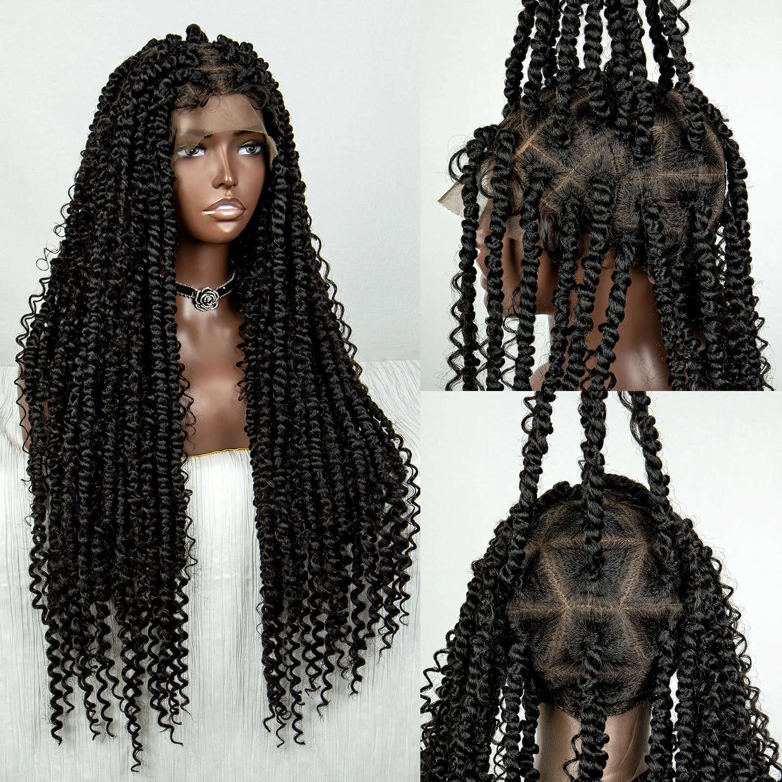 Peruca trançada de cornrow cheia de renda para mulheres, peruca sintética, frente de renda, grande sem nós, caixa tranças peruca 36 ", alta qualidade