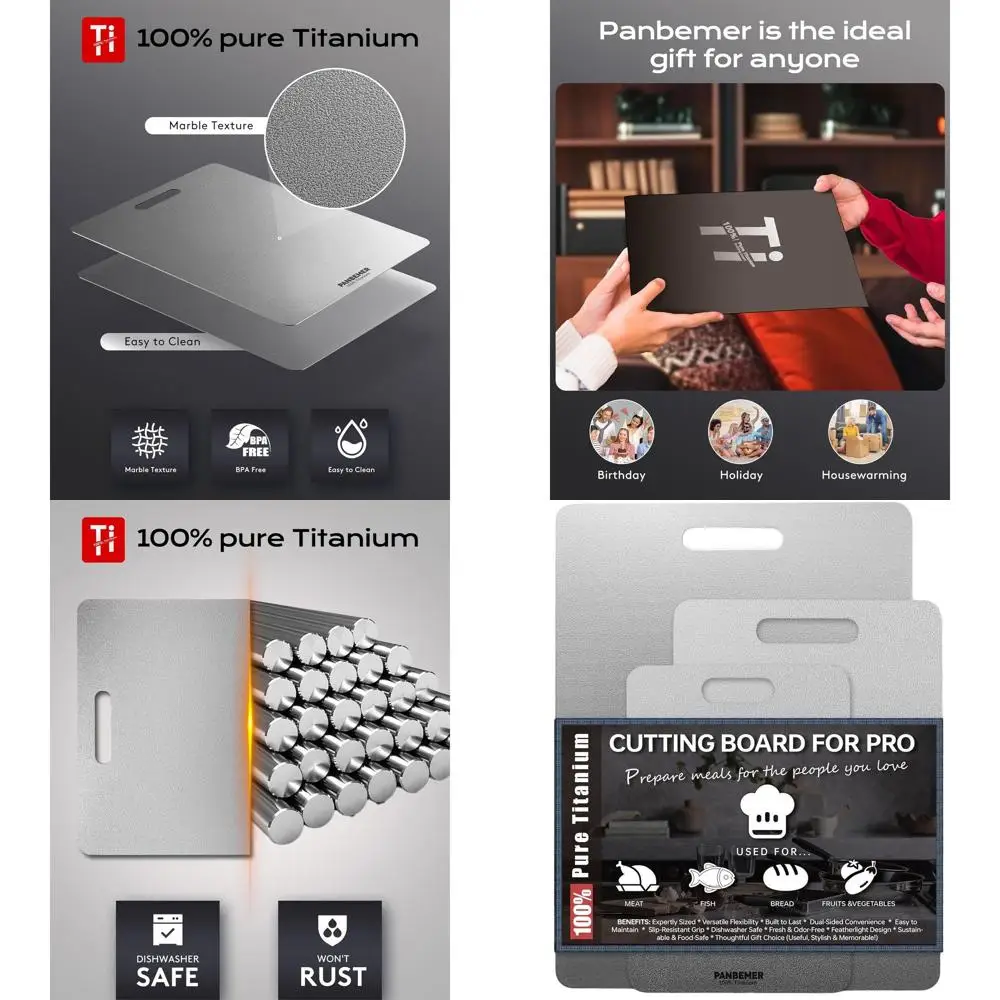 

Set of 3 Pure Titanium Kitchen Cutting Boards - 100% Food Grade, Double-Sided, Non-Toxic, Dishwasher Safe, Easy Clean, Sizes 10,