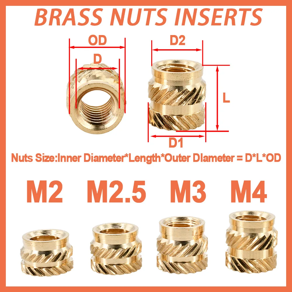 500PCS M2 M2.5 M3 M4 Brass Heat Threaded Insert Nut Thread Heat Molding Double Twill Injection Embedment Nuts 3D Pringting Print