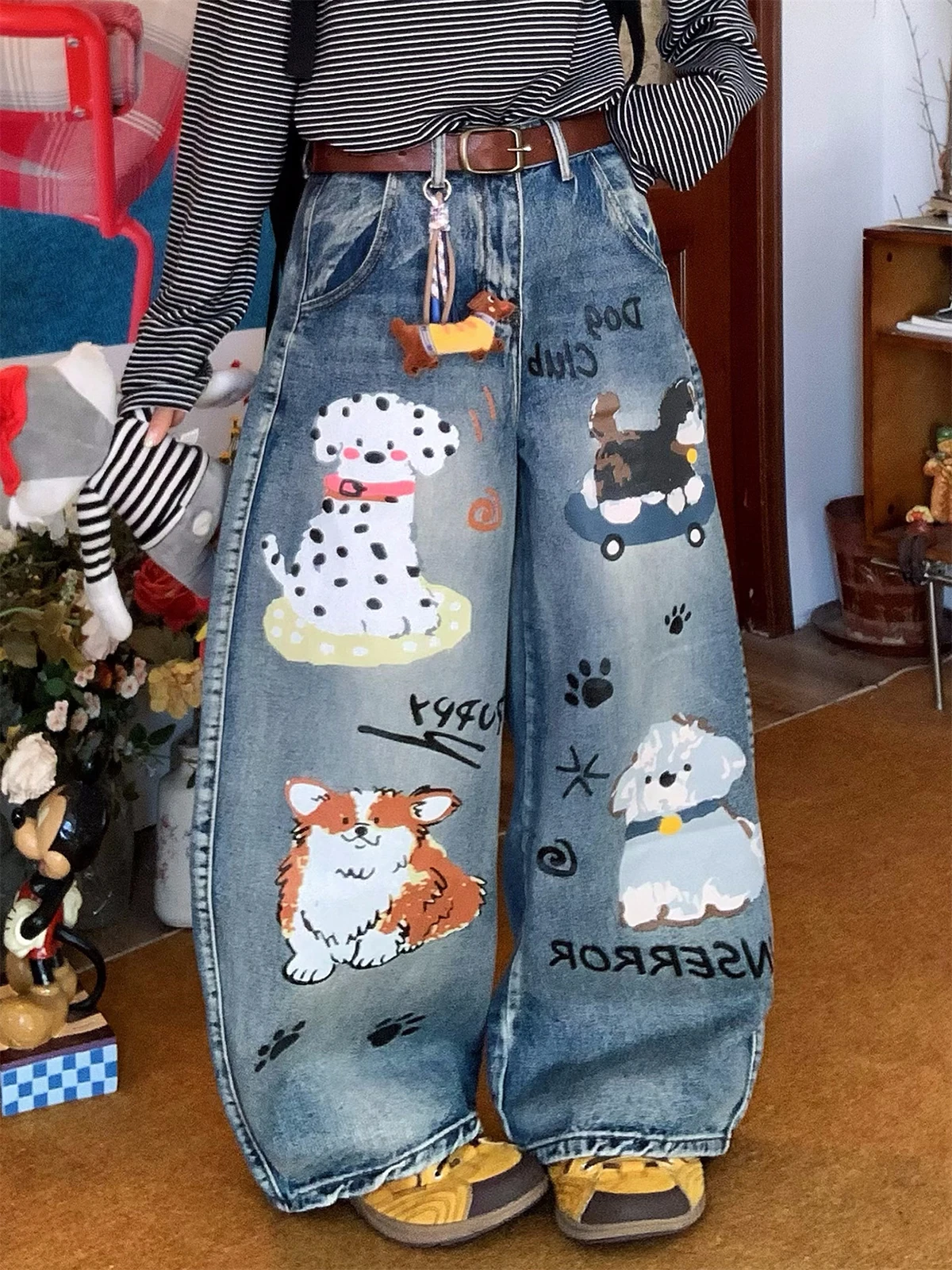 

Retro fiti Dog Print Wide Leg Jeans Women's New Waed Vintage Long Pants Straight Cut Floor-Length Casual Trousers