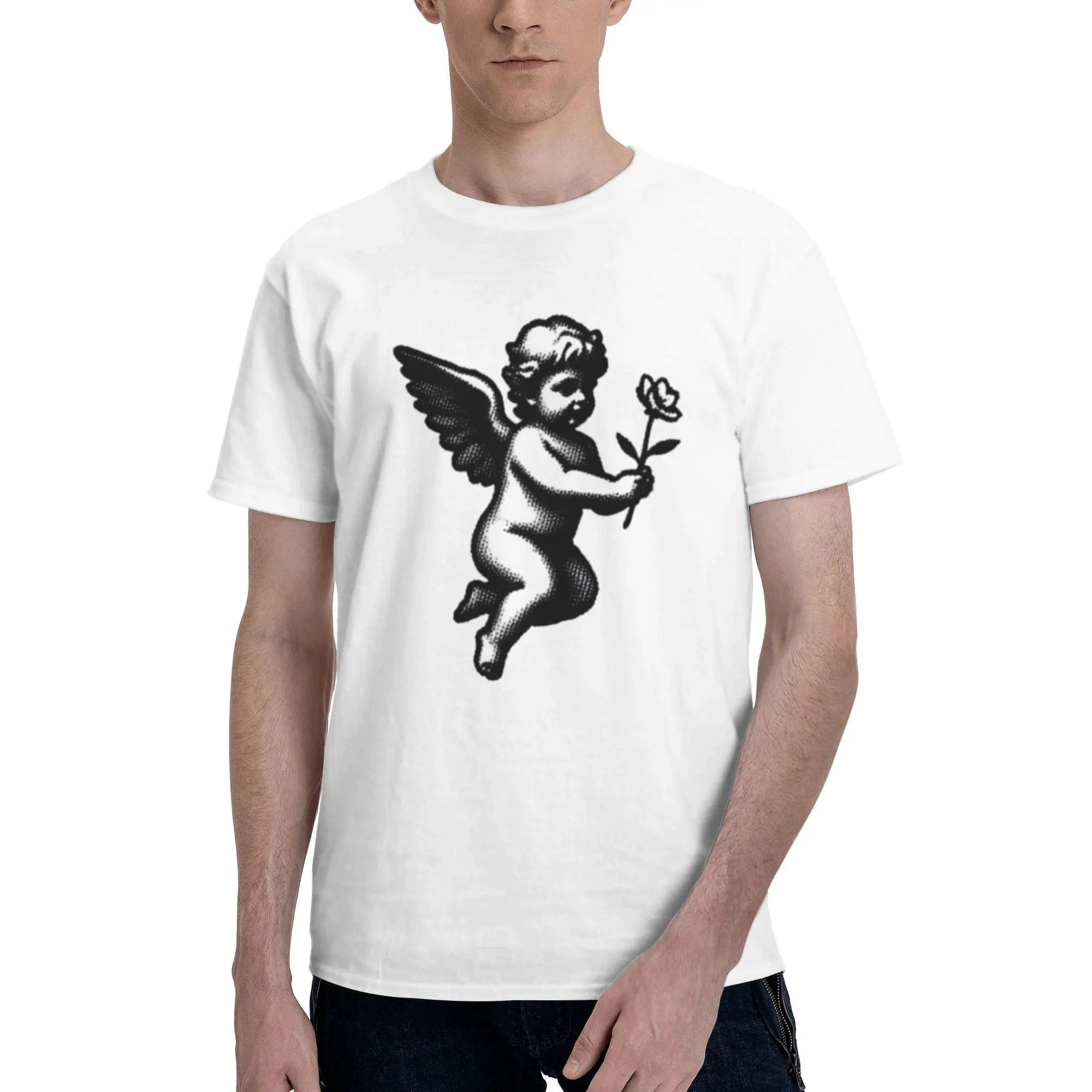 Cherub Angel Holding Rose Black Engraving Tattoo Men T Shirt Creative Tees Short Sleeve Crew Neck 100% Cotton Original Clothing