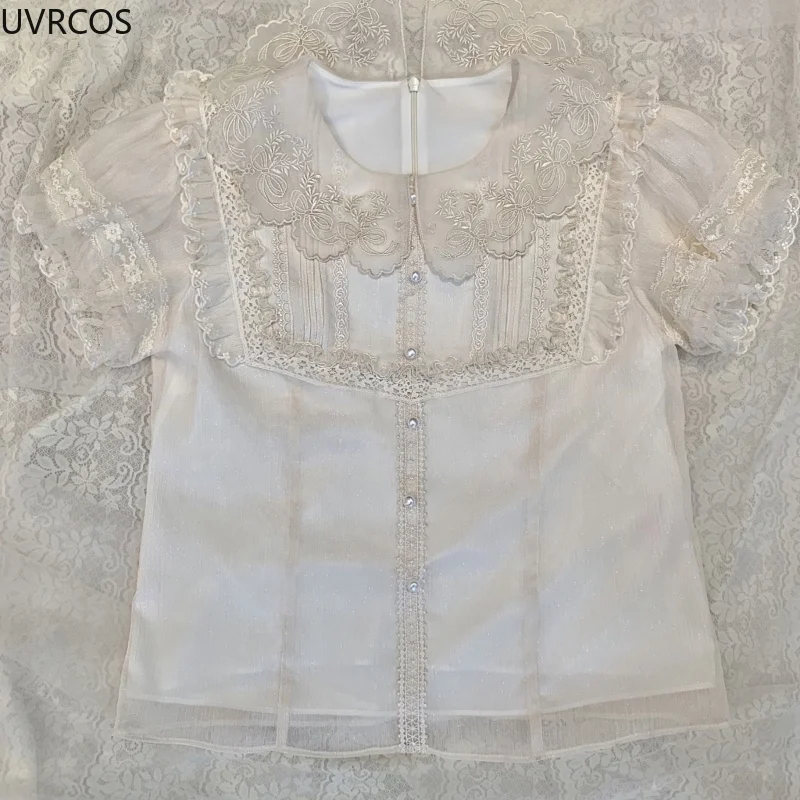 Verão Kawaii Lolita Estilo Camisas Mulheres Japonês Victorian Lace Flor Bordado Blusas Feminina Do Vintage Elegante Bonito Dentro Tops