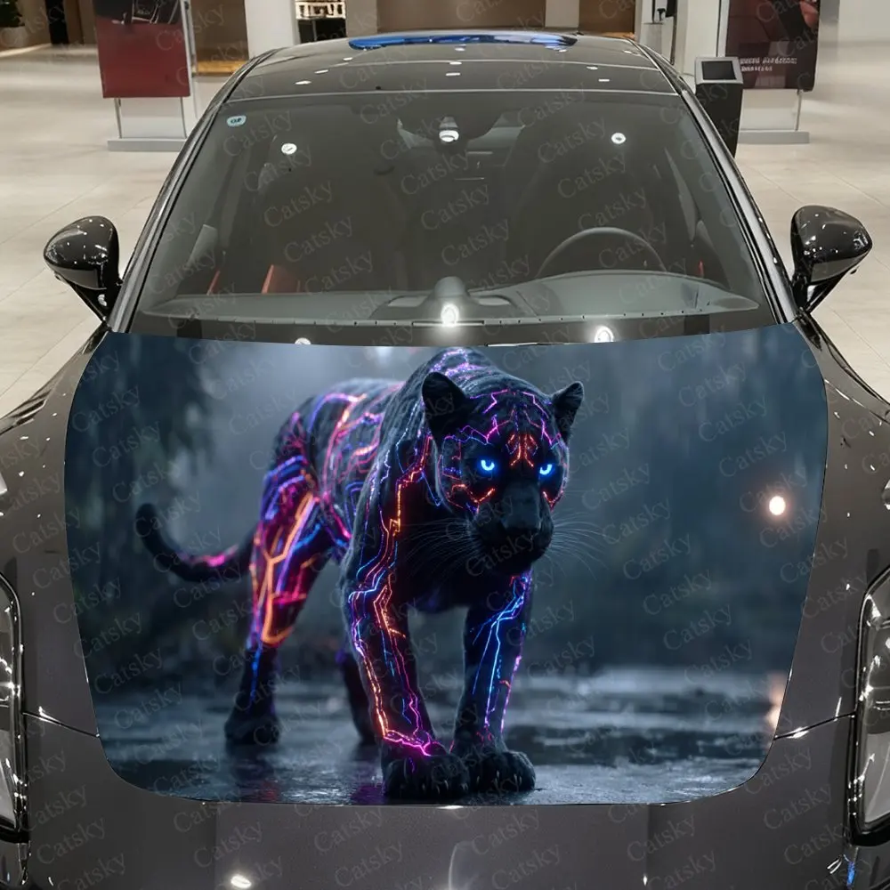 Cyber Neon Panther Ambush Car Vinyl Wrap, PVC Waterproof Car Hood Sticker, Self-Adhesive Scratch-Resistant Stickers