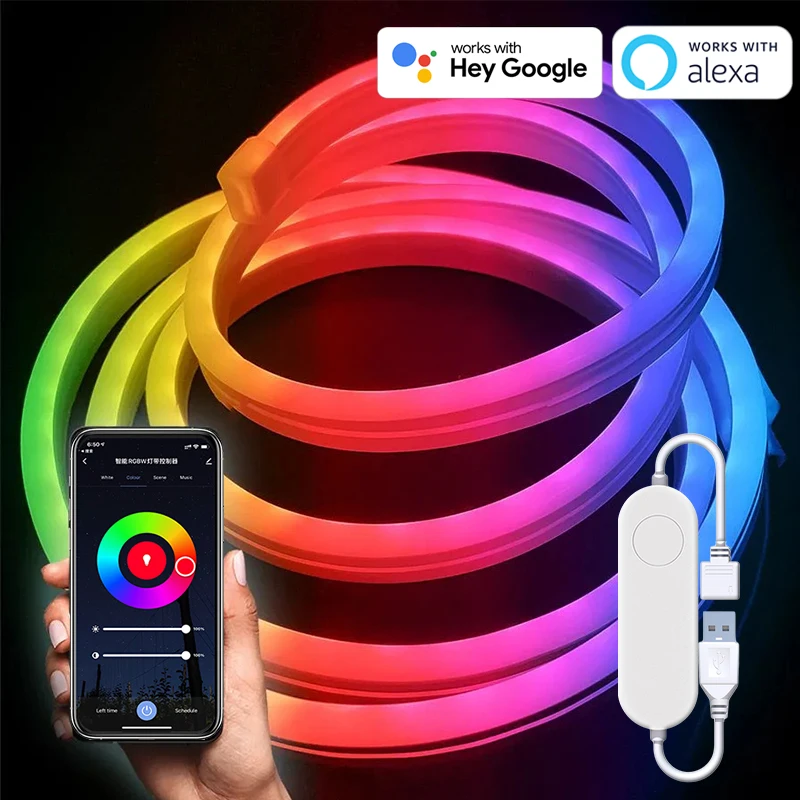 Neon RGB diody na wstążce Led USB TUYA, neonowy sznur oświetleniowy 5V/16,4 ft z elastyczną neonową taśmą Led z synchronizacją muzyki kolor RGB do