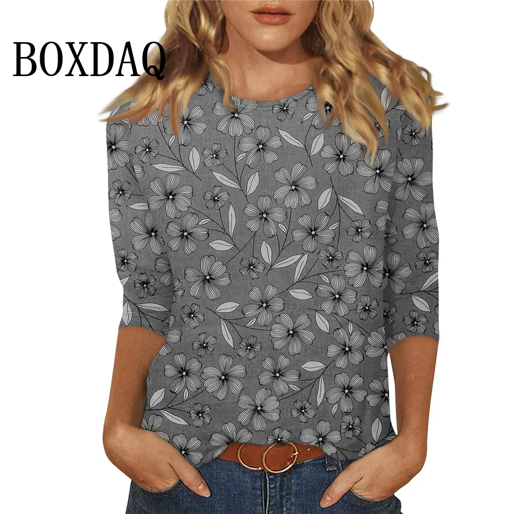 

2024, осенняя модная женская футболка с цветочным принтом, повседневная свободная футболка с круглым вырезом и длинными рукавами, винтажные повседневные женские топы с принтом