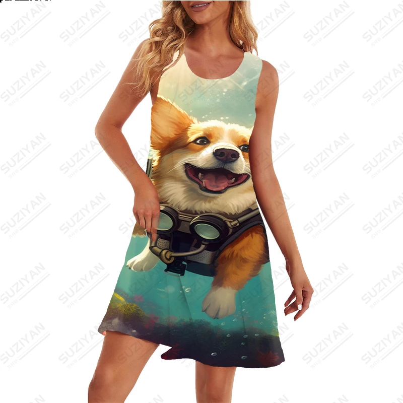 2023 Women New Summer Fashion Dress Casual Regular O-Neck Dress Dog Diving Printing Pattern Dress Sleeveless Dress