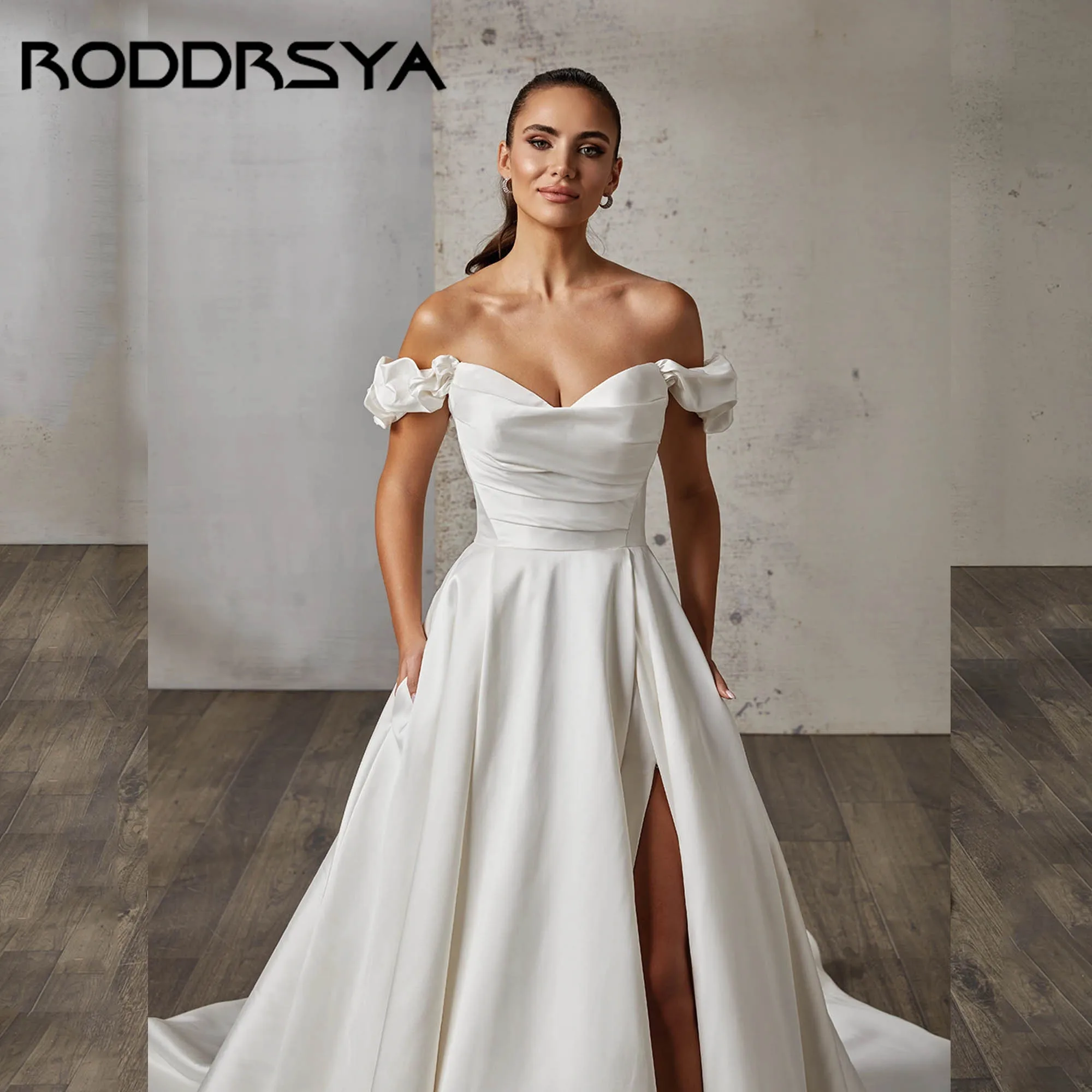 

RODDRSYA Minimalist Wedding Dress Satin Off Shoulder A-line Slit Gowns For Bride Sweetheart Simple vestidos de novia Customized