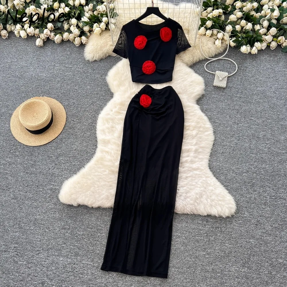 

Neploe Advanced Three-dimensional Panelled Set Tops High Waist Mesh Bodycon Suit Skirt Elegant Vintage Advanced Commuter Faldas