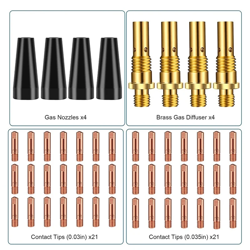 A98E-50PCS Flux Core Gasless Nozzle Tips Kit KP1939-1, 0.030In & 0.035In Contact Tips Gas Diffusers Mig Welding Gun Accessory