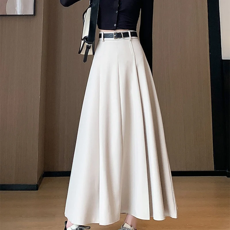 

Daily Versatile Commuter Suit Long Skirts Women Soild Color Elegant Pleated A-Line Skirt Office Lady High Waist Thicken Skirts
