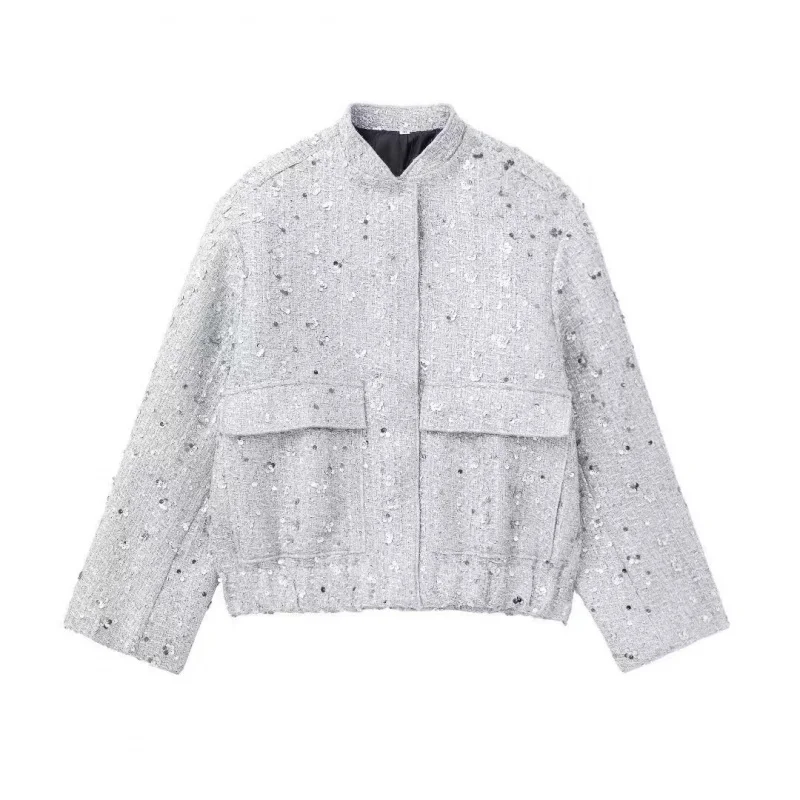 QICHE Street‑Inspired Ladies Jacket Unique Gold Sequin Embellishment With Side Pockets Fall Casual Outer Coat