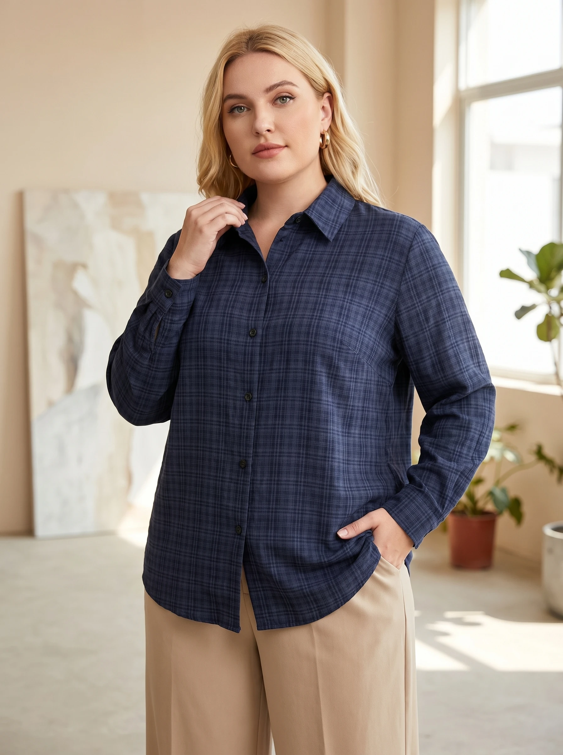

Rosa fera Plus Size Women Plaid Button Down Shirt Long Sleeve Collared Loose Fit Blouse Top