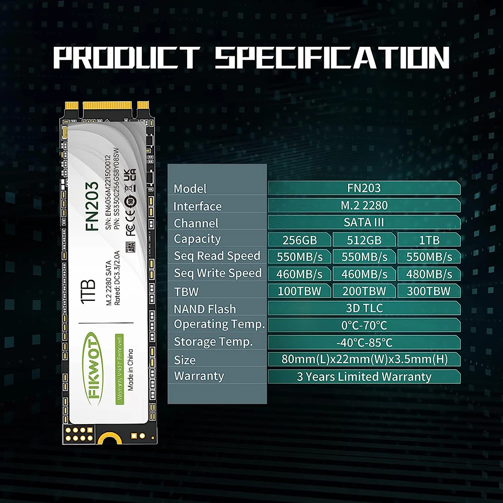 Imagem -03 - Fikwot-unidade Interna de Estado Sólido para Laptop e Desktop Flash Nand Ngff Fn203 Ssd M.2 Sata Iii 6gbps 550 Mbps 256gb 512gb 1tb 3d