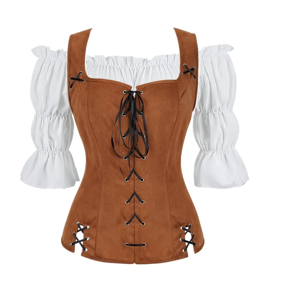 Medieval Pirate Vest With Straps Plus Size Steampunk Gothic Lace Up Corset Top Women Renaissance Off Shoulder Corset Blouse