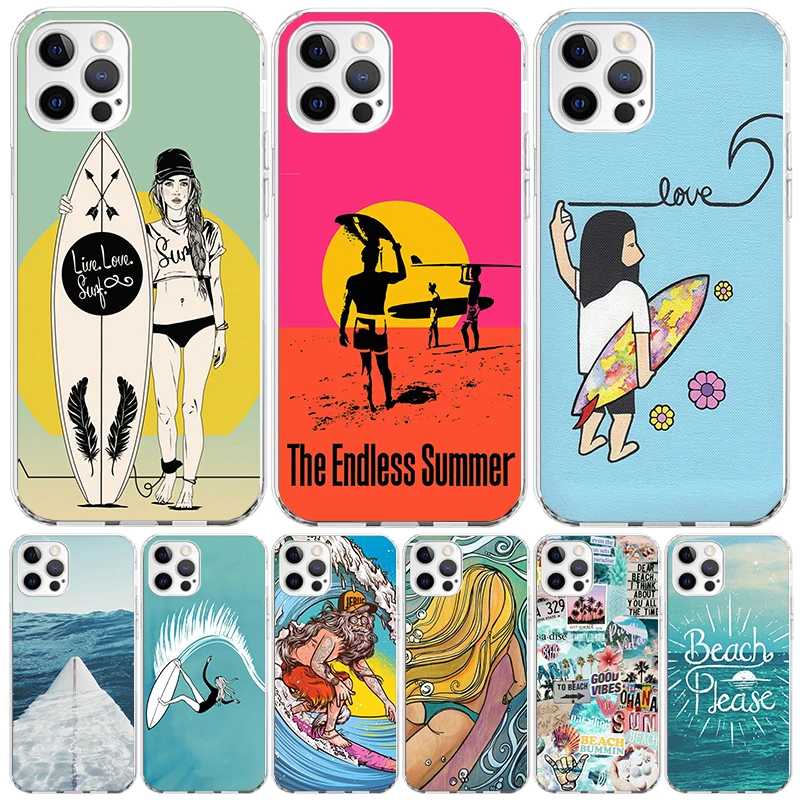 Surfboard Surfing Art Surf Girl Summer For iPhone 16 15 14 13 12 11 Pro Max Phone Case X XS XR 7 Plus Print 8 SE Apple Fundas Co