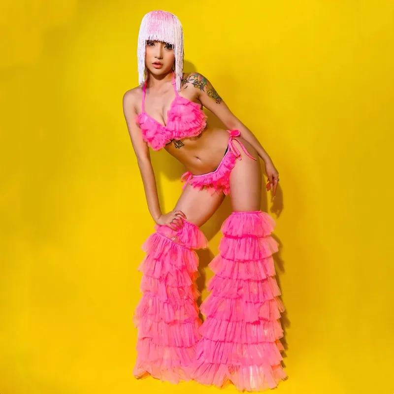 مثير ملهى ليلي Gogo مجموعة زي الفلورسنت البرتقالي بيكيني شعر مستعار رقيق غطاء الساق الهذيان وتتسابق DJ راقصة أداء المرحلة ارتداء