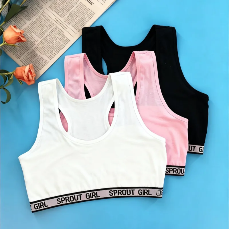 

3 шт., хлопковый тренировочный бюстгальтер для девочек-подростков, жилет для подростков, беспроводные детские майки для детей 8-16 лет
