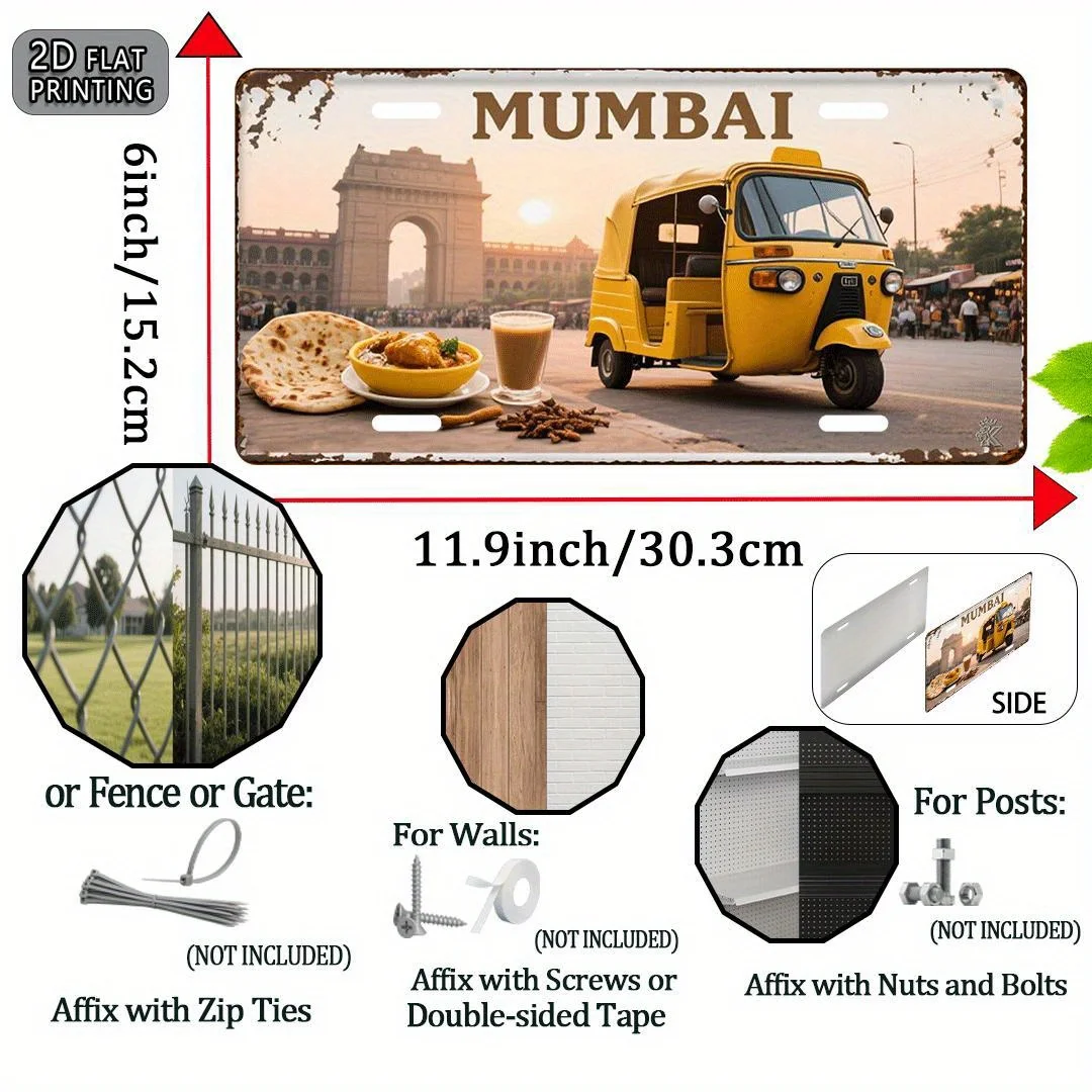لافتة لوحة ترخيص معدنية من Mumbai - ديكور سيتي سكيب هندي مع توك، أوتو ريكشو - لوحة حائط ريترو للمنزل والمكتب والمقهى - #2