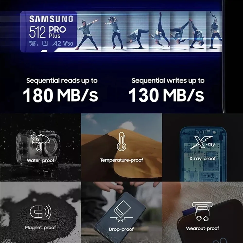 Samsung-cartão de memória u3 a2, 128gb, 256gb, 512gb, md pro plus tf até 180 mb/s, micro sdxc v30 4k, usado para drones dji e vídeo gopro