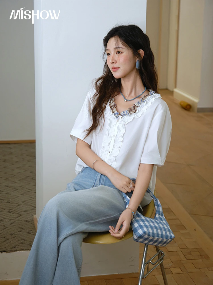 MISHOW Fashion V-neck Shirt for Women Summer 2025 Thin Short Sleeve Patchwork Double Layer Fungus Edge Button Top MXE35X1793