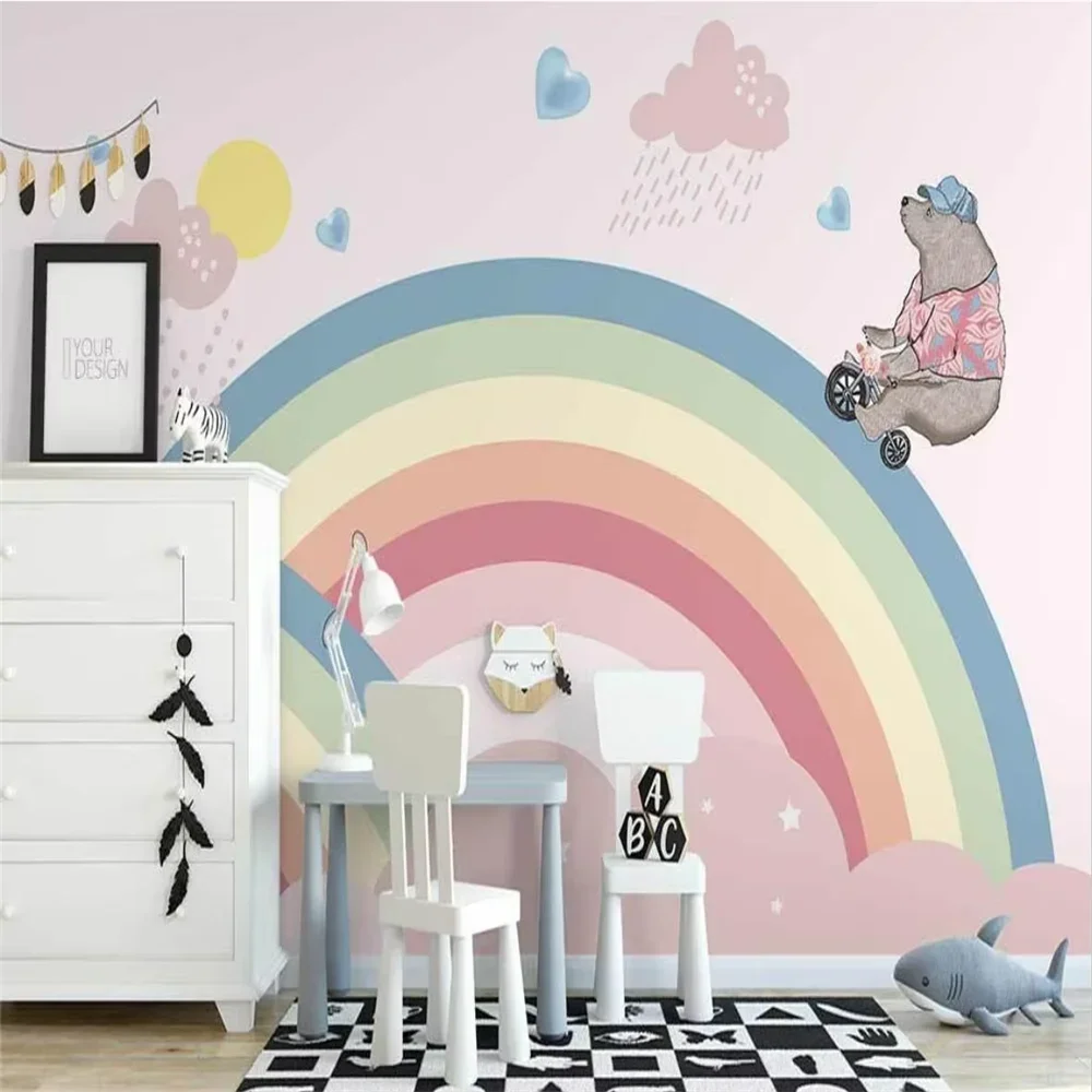 custom rainbow bear cartoon cloud photo wallpaper for children's room decoration interior background mural wall paper Stickers