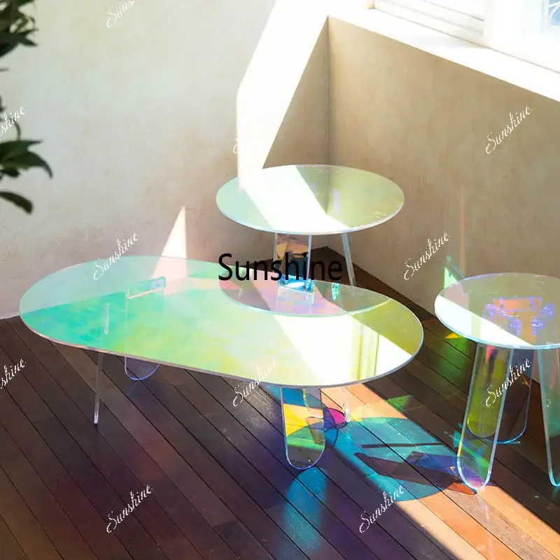 YLuxury 120cm Iridescent Rainbow Acrylic Side Table Round Coffee Table with Iridescent Finish for Living Room Shopping Mall Deco