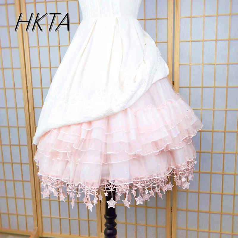 Falda de longitud media con soporte para mujer, pastel en cascada, dulce y bonito de Lolita, novedad de verano, borla de estrella de malla con soporte para falda rosa