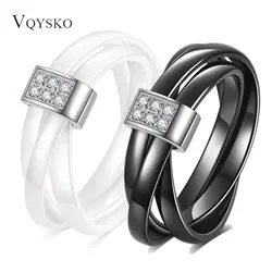 New Fashion Black White Beautiful Ceramic Ring For Women Aperture Cross Phase Set Titanium Steel Zircon Ring Jewelry Party Gift