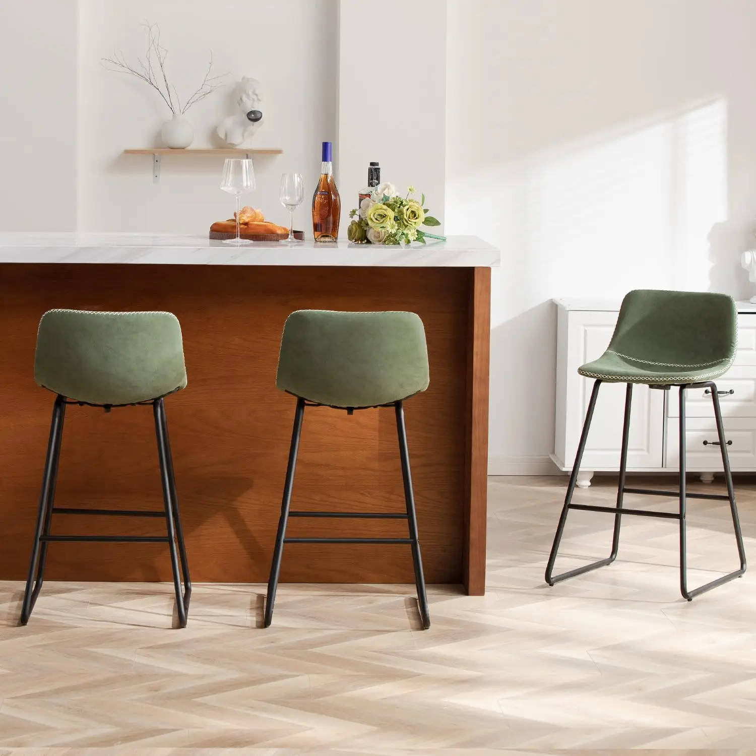  Green Bar Stools Set of 3, 26 Inch Barstools with Metal Legs Faux Leather Counter Height Bar Stools for Kitchen Island