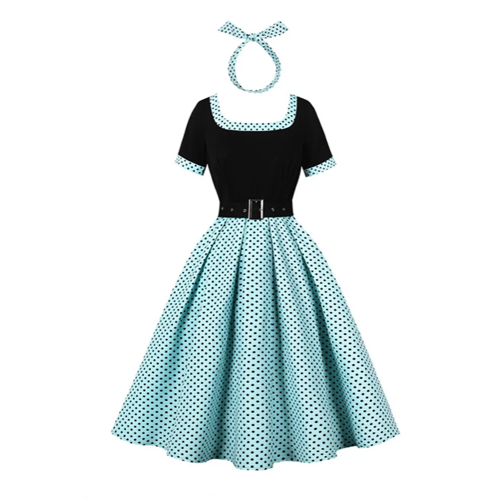 

50s Vintage Polka Dot Printed Patchwork Cute Birthday Party Dress Women Short Sleeve High Waist Rockabilly Swing Dresses