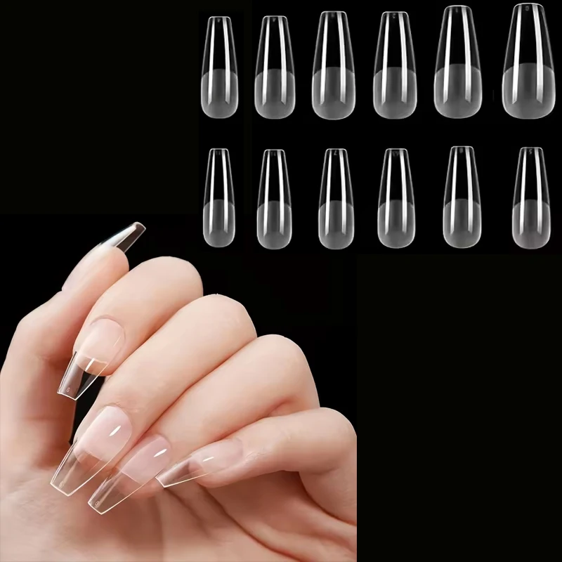 Set de 120 uñas postizas largas en forma de ataúd, color mate, transparentes, en 12 tallas 4