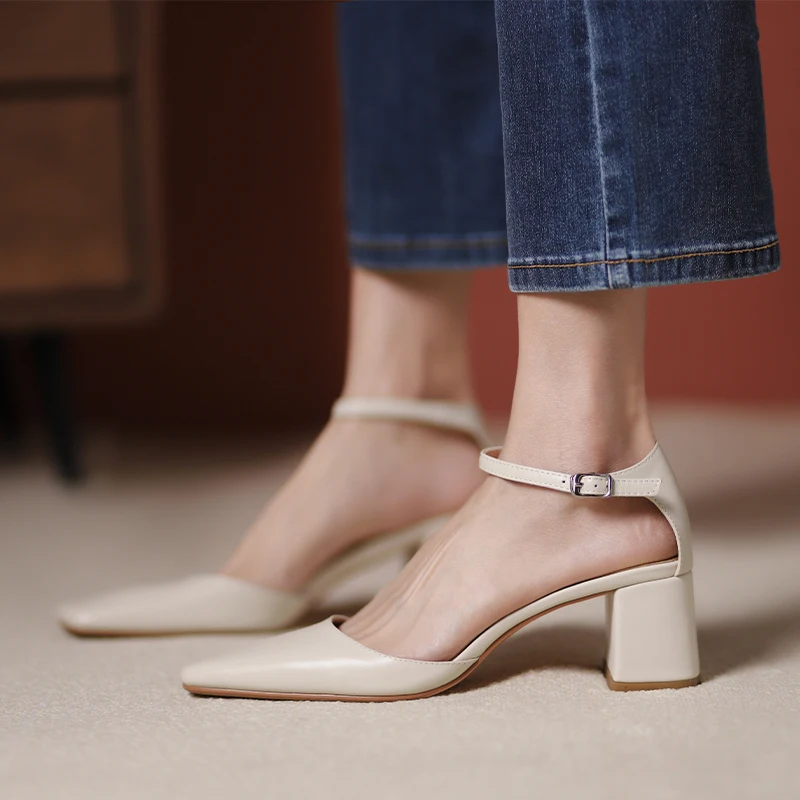 Square Toe Ladies Shoes Cowhide Summer Shoes One Strap Elegant Closed Heel 5 CM Pumps French Style Spring Autumn Pumps