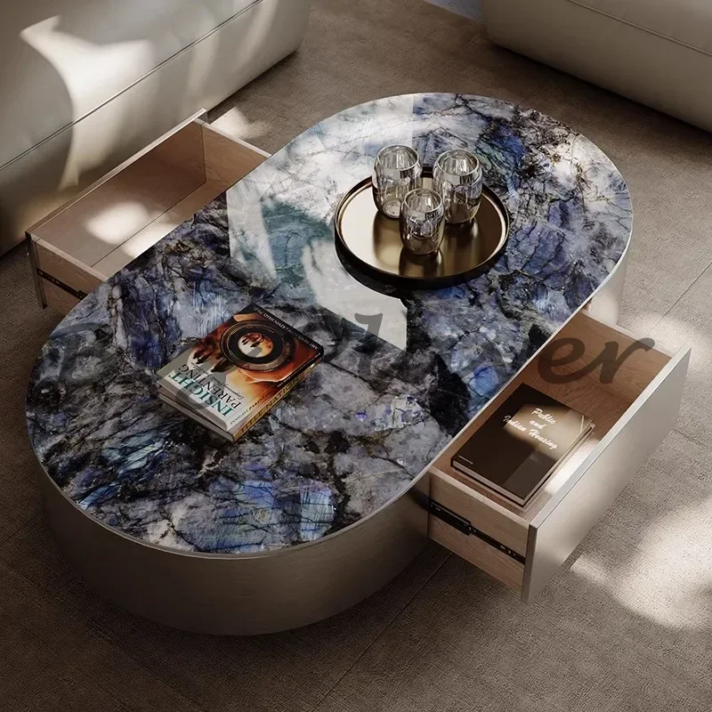 Italian Light Luxury Oval Rock Slab Coffee Table Living Room Home 2024 New Modern Simple High-end Design Tea