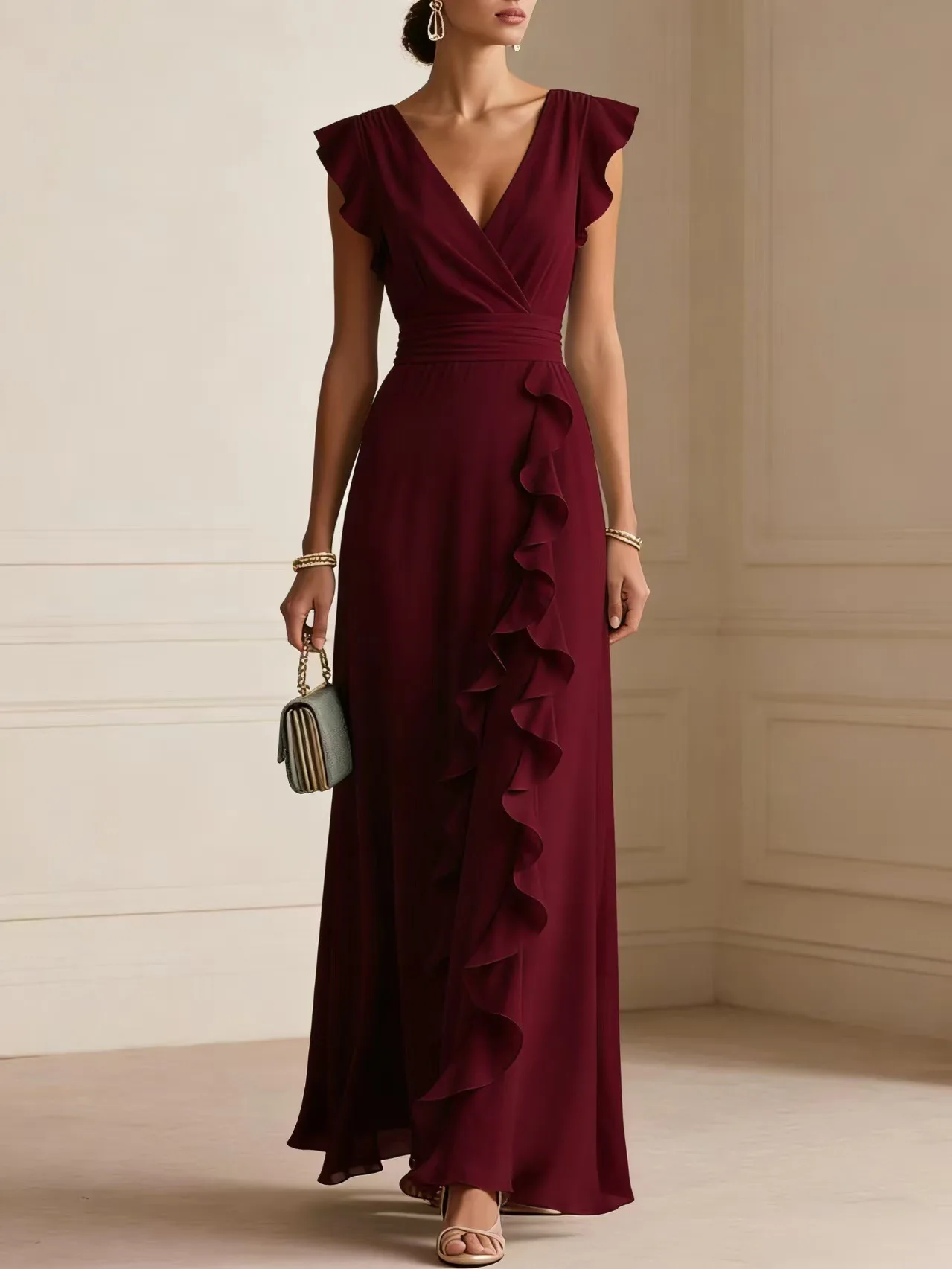 Vestido Largo de Gasa con Cuello en V y Volantes para Mujer, Sin Mangas, para Invitadas de Boda, Fiestas Nocturnas, Vestido Formal