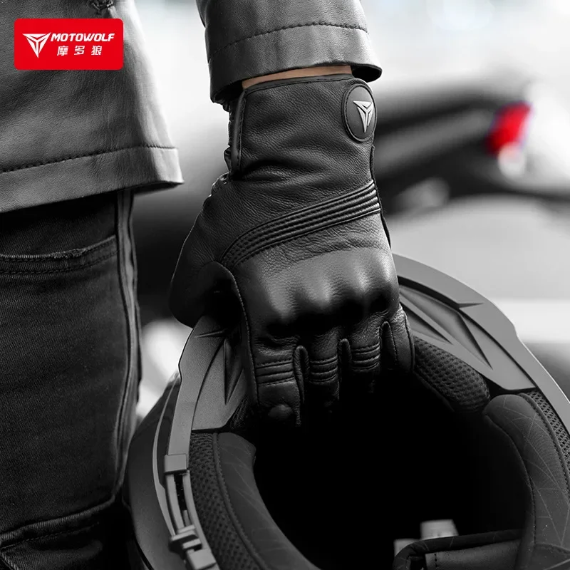 MOTOWOLF Motorcycle Winter Cycling Riding Windproof Warm Long Leather Gloves Thickened Plush Fall Resistant All Finger Guantes