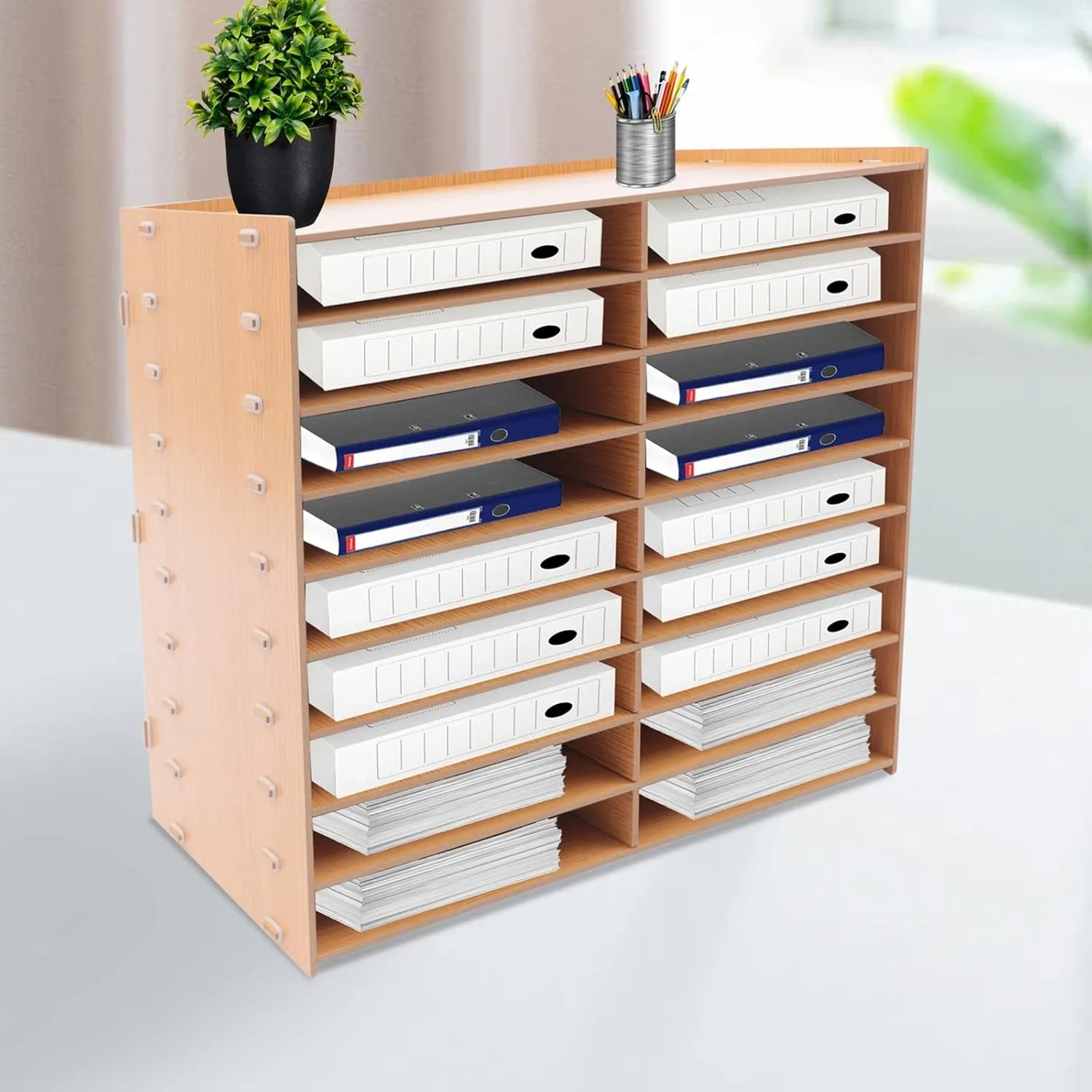 18 Slots Document Mail Tray Sorter, Wooden File Paper Letter Tray Literature Organizer Rack for School Home Office Supplies