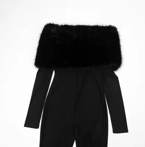 

Female Romper Autumn & Winter Women Jumpsuits Off Shoulder Fur Patchwork Set Finger Long Sleeve Jumpsuit for Women's Clothing