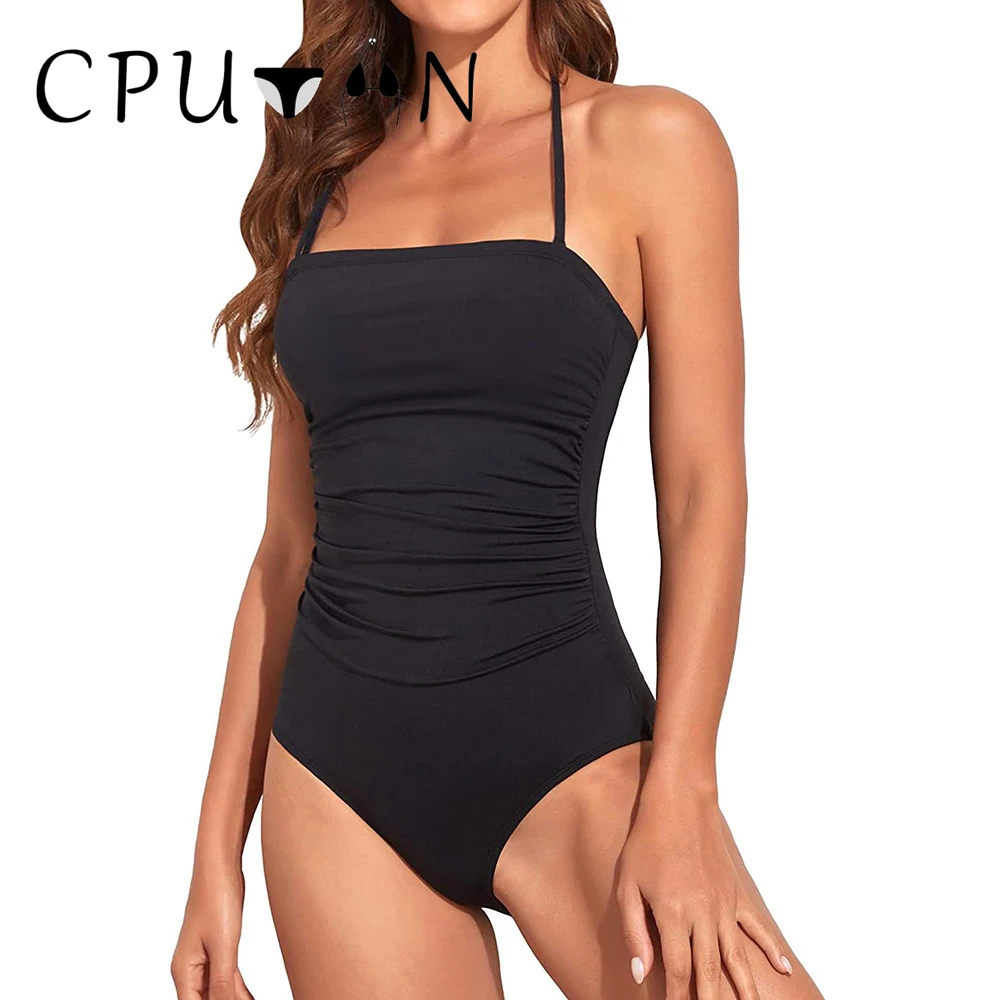 Retro Ruched One Piece Swimwear Sexy 2026 Solid Black Bikini Set Women Tummy Control Swimsuit Brazilian Bathing Suit Beachwear