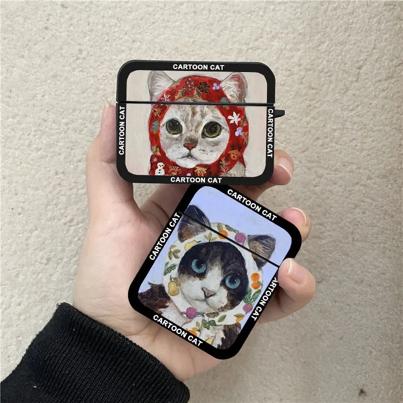 INS Korean Cartoon Oil Painting Cat Earphone Case For Airpods 1 2 3 Pro Wireless Headphone Cover For Air Pods Pro2 Accessories