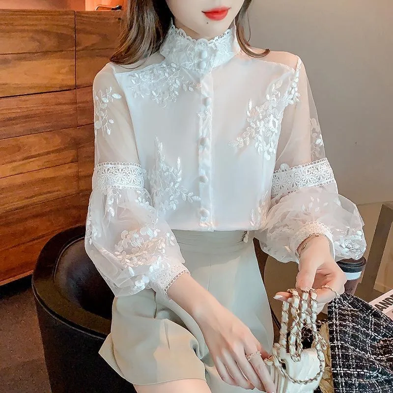 Fashion Korean White Blouse Women Blusas Stand Neck Chiffon Shirts Long Sleeve Ruffles Lace Blouses Vintage Elegant Femme Tops