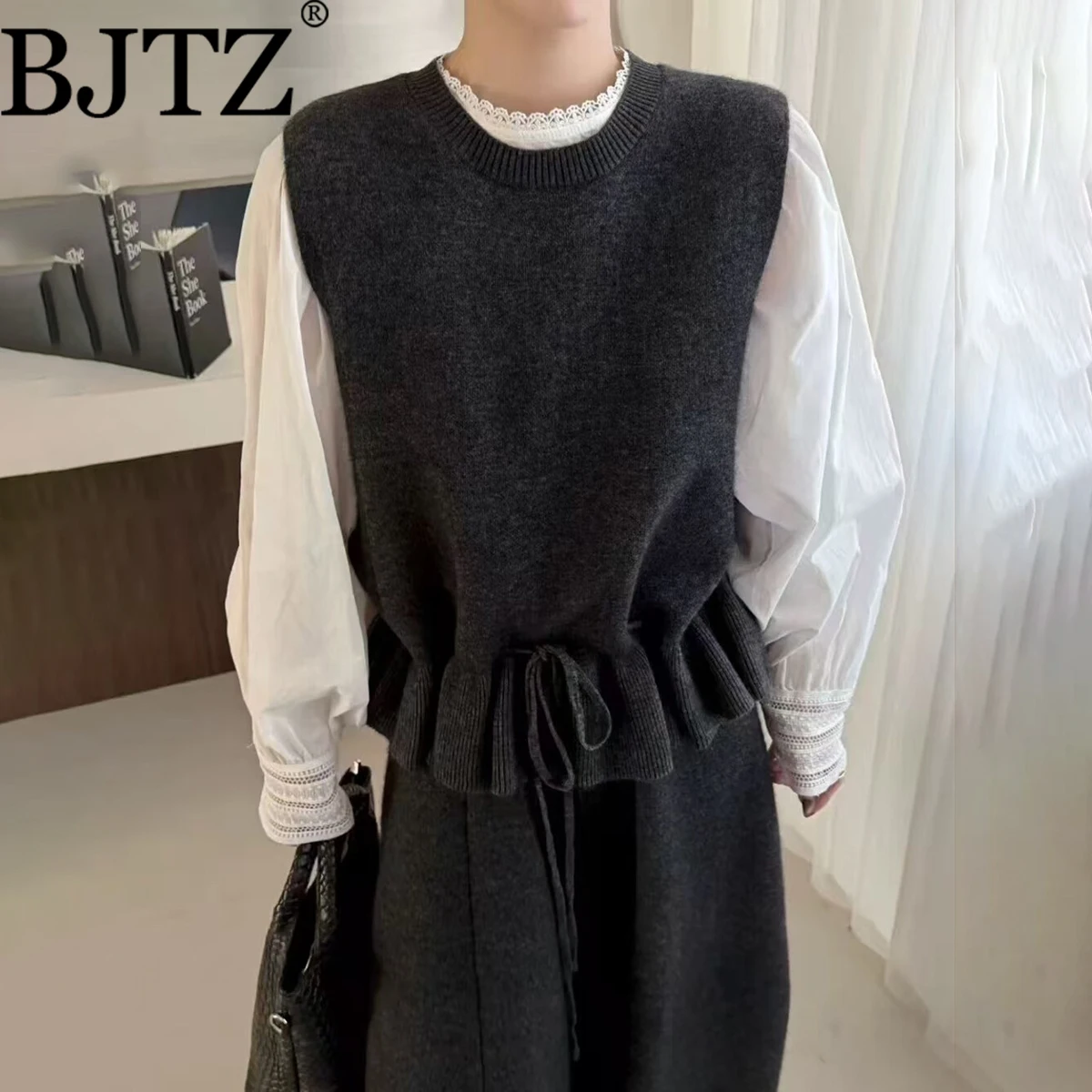 

Модный комплект BJTZ: вязаный жилет и повседневная блузка для женщин, весна-осень 2026, стильный костюм из 2 предметов