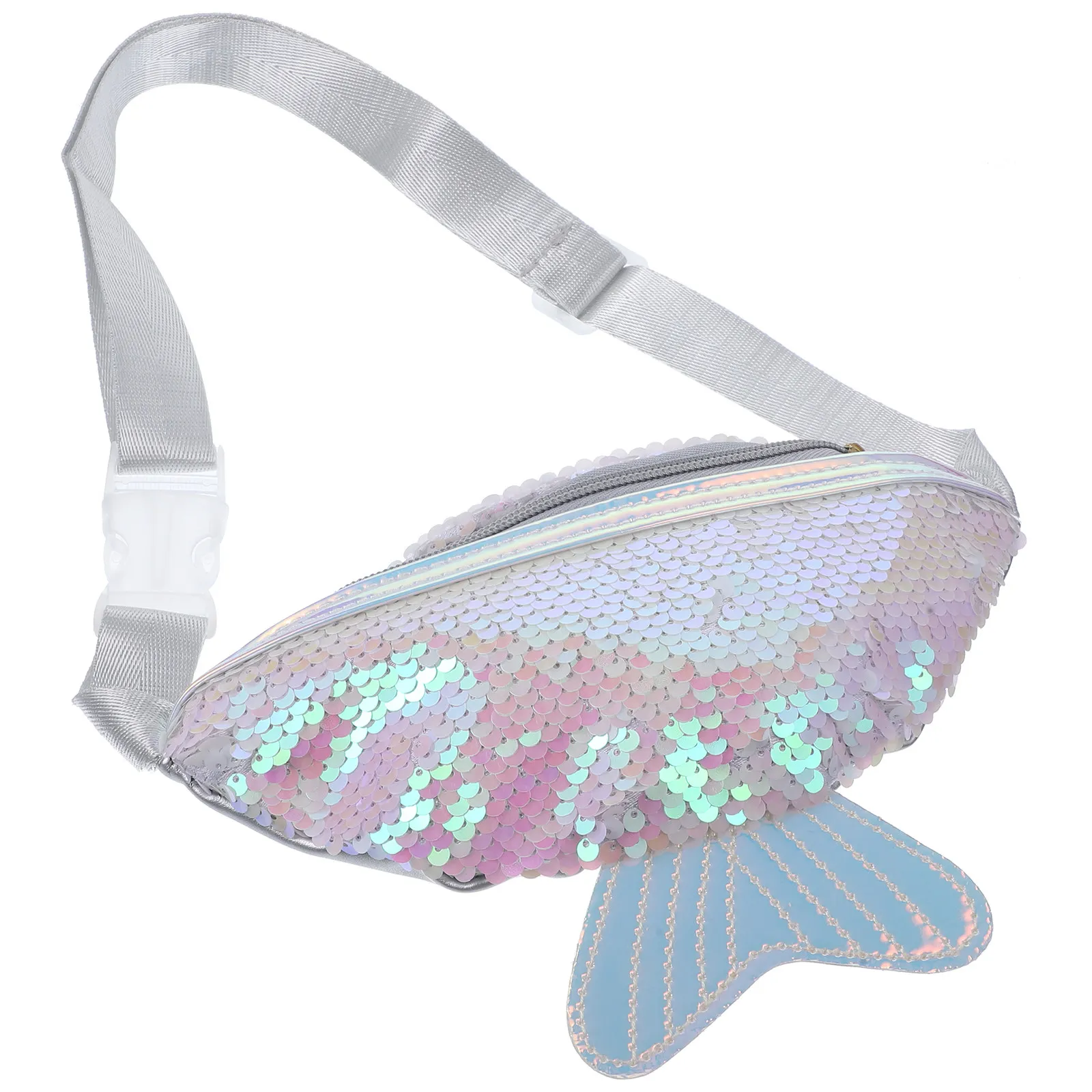 

Women Fish Tail Waist Bag White Multifunctional Crossbody Chest Purse Sequins PU Lightweight Fanny Pack for Hiking
