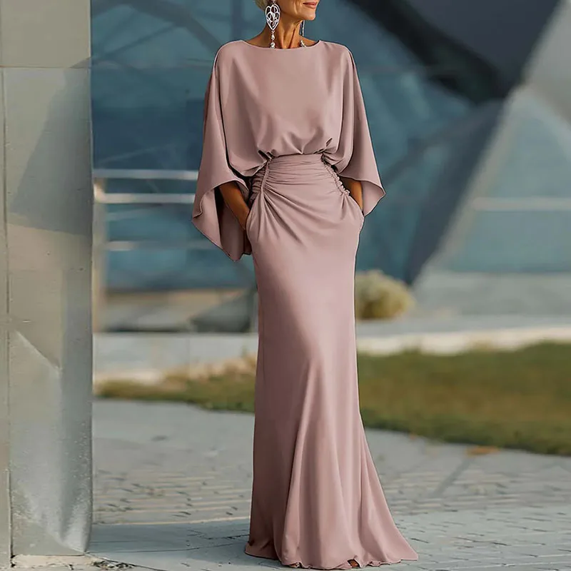 Womens Sexy Backless Hollow Bohemian Dress Spring Elegant O Neck High Waist Long Dress Summer Batwing Sleeve Slim Straight Dress - view 3