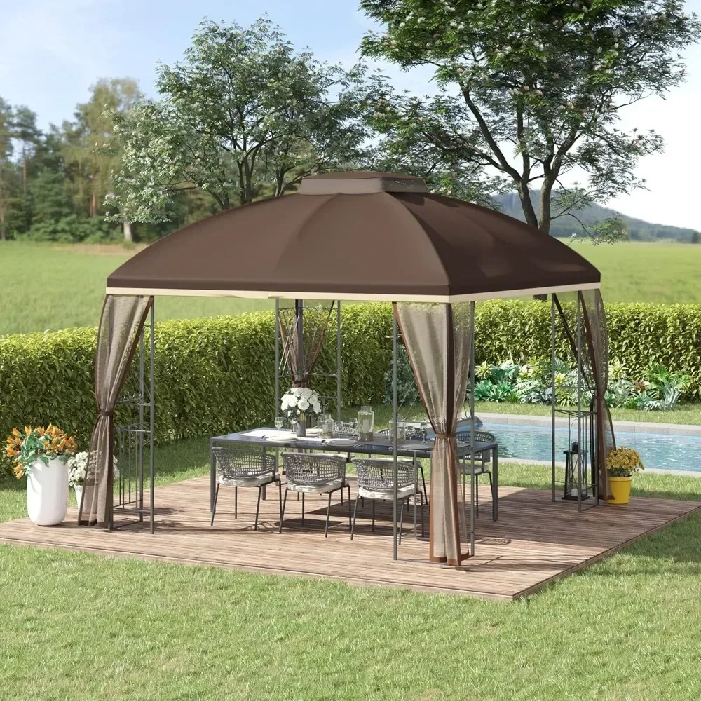 

10' x 10' Patio Gazebo with Corner Shelves, Double Roof Outdoor Gazebo Canopy Shelter with Removable Mesh Netting, for Garden