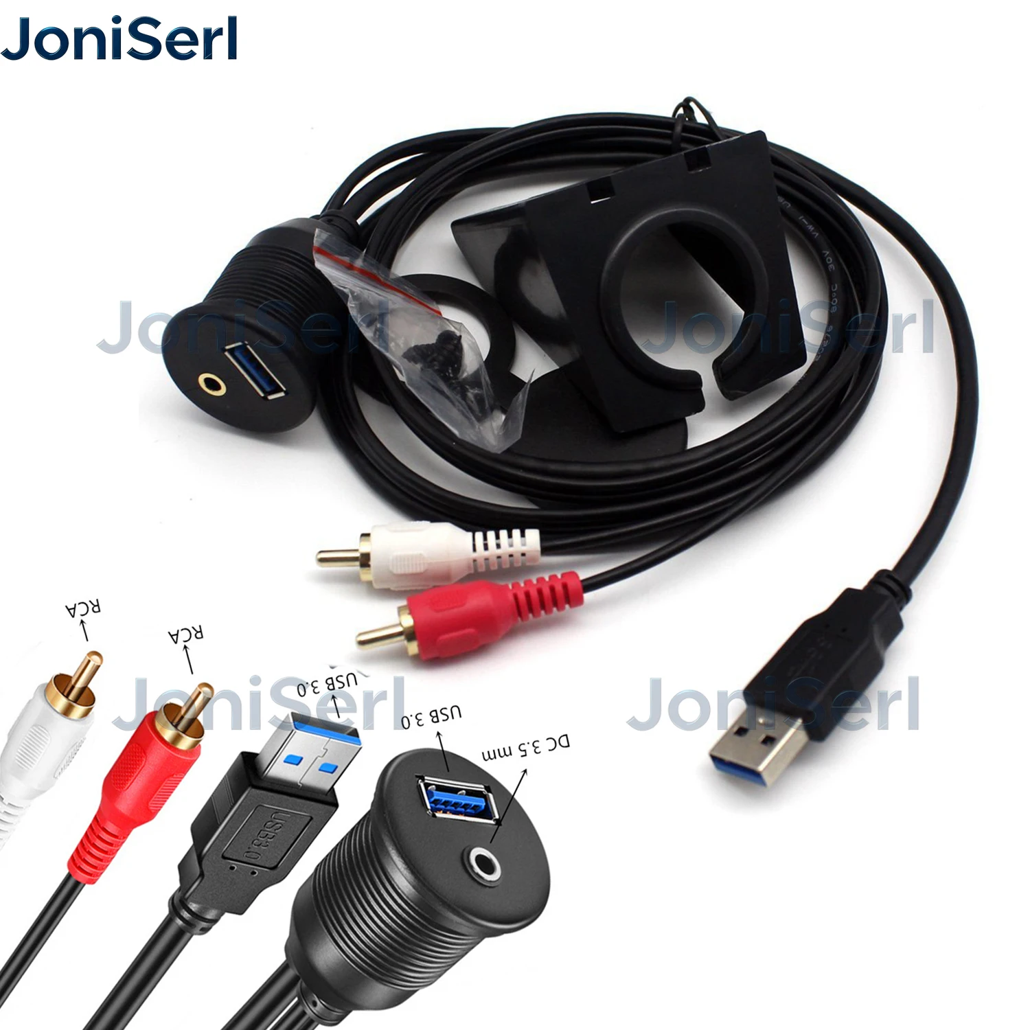 USB 3.0 and 2 RCA Male to 3.5mm Female AUX Flush Mount Cable,Dashboard Panel Mount,Extension Cable for Car,Boat,Motorcycle,Bike