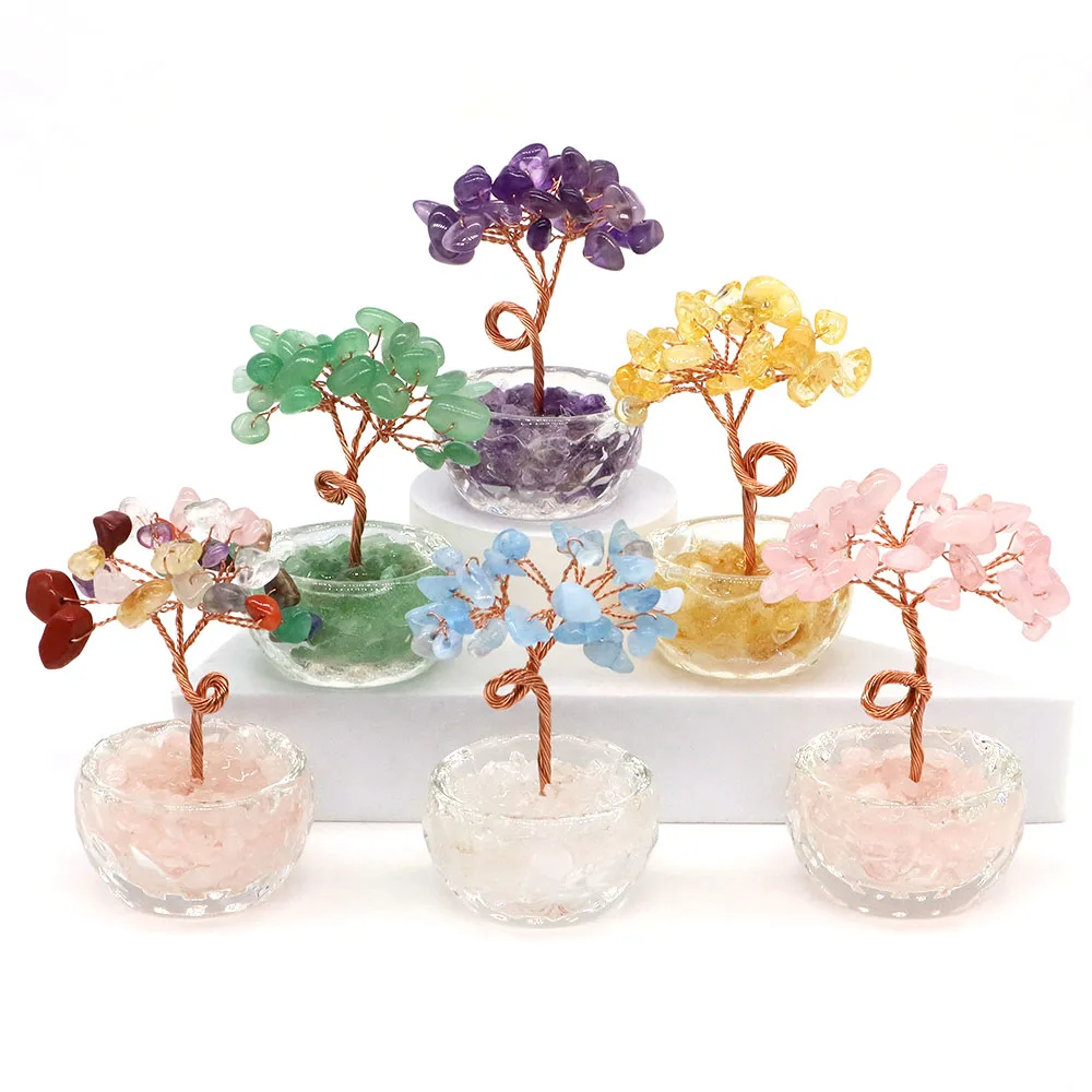 

75mm Money Trees Natural Stone Healing Crystal Aquamarine Citrine Amethyst Gemstone Crafts Feng Shui Home Decoration Lucky Gifts