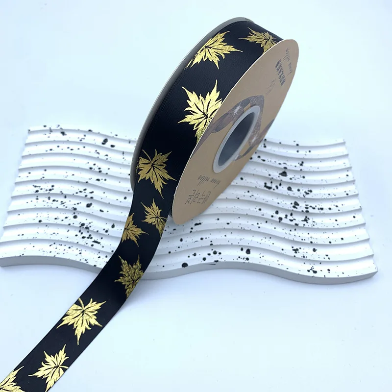 25mm Hologram Gold Foil Maple Leaf Satin Ribbon 50 Yards/Roll Autumn Thanksgiving Series for DIY Gift Wrapping Craft