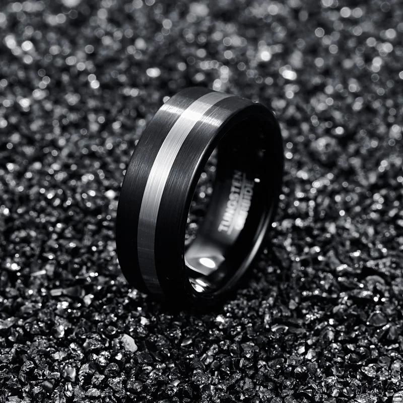 NUNCAD 8mm Width Tungsten Carbide Ring Black + Silver color Surface Brushed Men\'s Tungsten Steel Ring