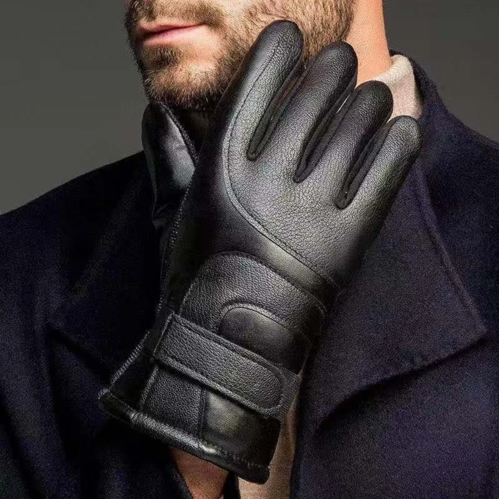 

Модные черные зимние лыжные перчатки, сохраняющие тепло, многофункциональные мужские кожаные варежки, водонепроницаемые перчатки для вождения в корейском стиле, уличные